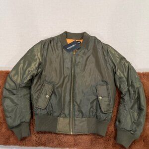 PrettyLittleThings Green Ruched Sleeve Contrast Lining Bomber Jacket - Size M
